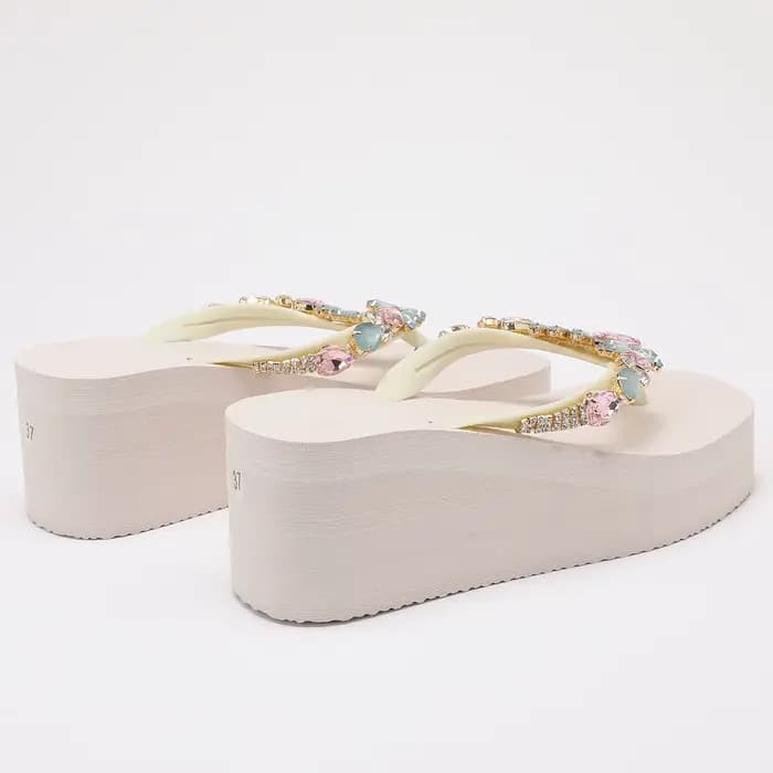 Tongs à talon compensé pour femmes - Sandales plateforme rose blush avec embellissements en cristal Chaussures d'été élégantes