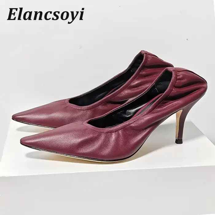 Bout pointu talons hauts chaussures simples femmes pompes en cuir véritable plissé Zapatos De Mujer printemps Simple