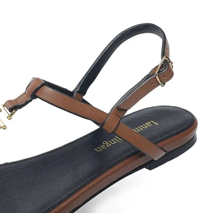 2024 mode femmes sandales d'été en cuir véritable métal décoratif semelle plate dentelle strucOpen Parker en forme de T Sandals34-44 d'extérieur