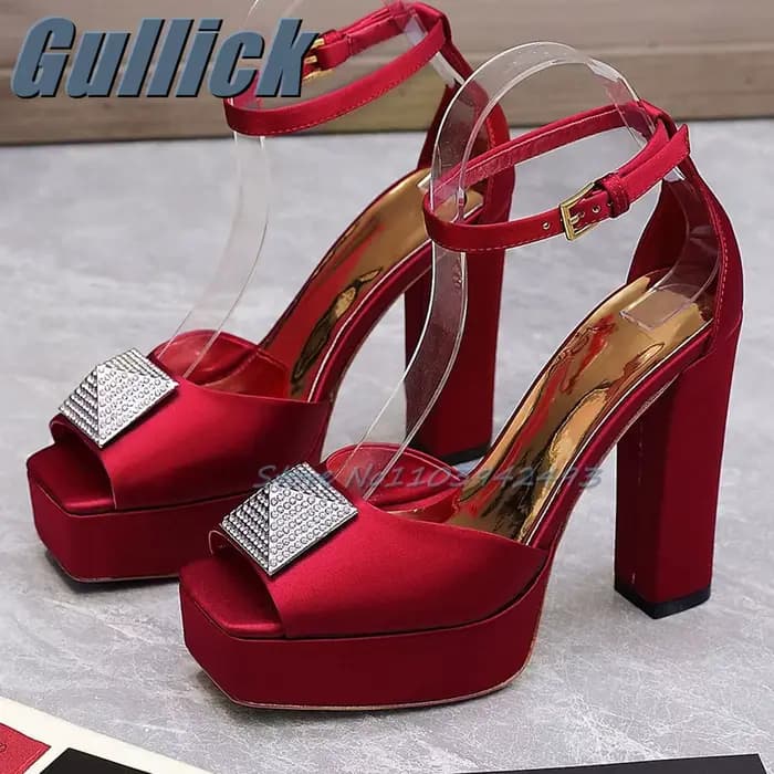 Rivets strass talons plate-forme luxe talon sandales solide bout carré Satin femmes été cheville chaussures talon épais Sandalias