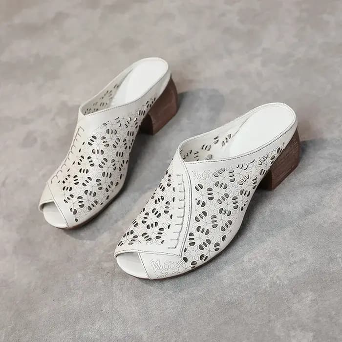 Pantoufles à talons et bout ouvert pour femmes, pantoufles basses, diapositives hautes en cuir véritable, tissu d'été doux, Rome PU ethnique rétro