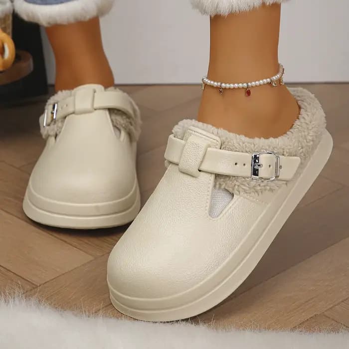 Mules imperméables en fourrure Eva pour femmes, pantoufles d'hiver avec boucle en métal, pantoufles