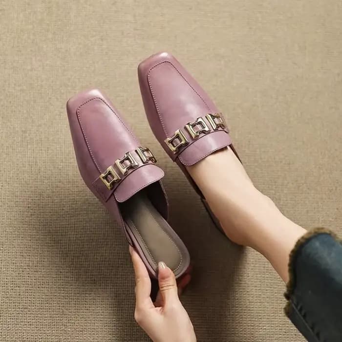 Mules pour femmes, mocassins à enfiler, bout carré, talon carré bas, aspect cuir, pantoufles sans talon, décoration métallique, chaussures décontractées de bureau
