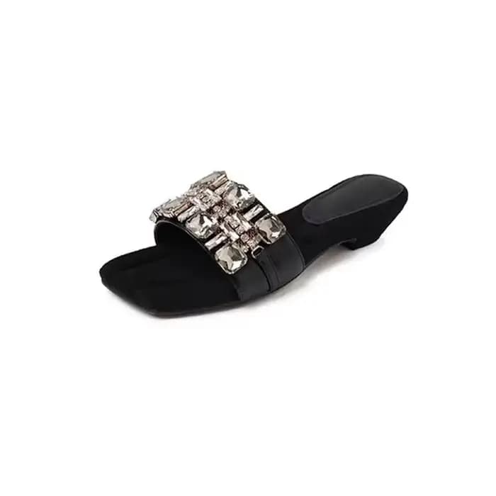 Sandales en cuir de mouton, élégance française, strass, sensation haut de gamme, pour femmes, été, extérieur, polyvalentes, talon épais, pantoufles