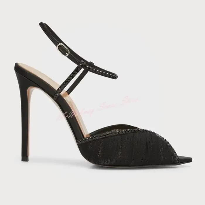 Peep Parker-Escarpins en maille pour femmes, talons hauts fins, lanières à boucles, escarpins en cri