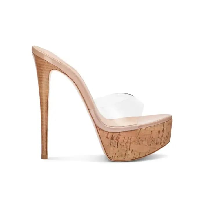 Mules à plateforme en liège et PVC transparent pour femme, à bout ouvert, talons aiguilles, semelle en liège naturel, couleur nude, pour l'été, les soirées et les rendez-vous
