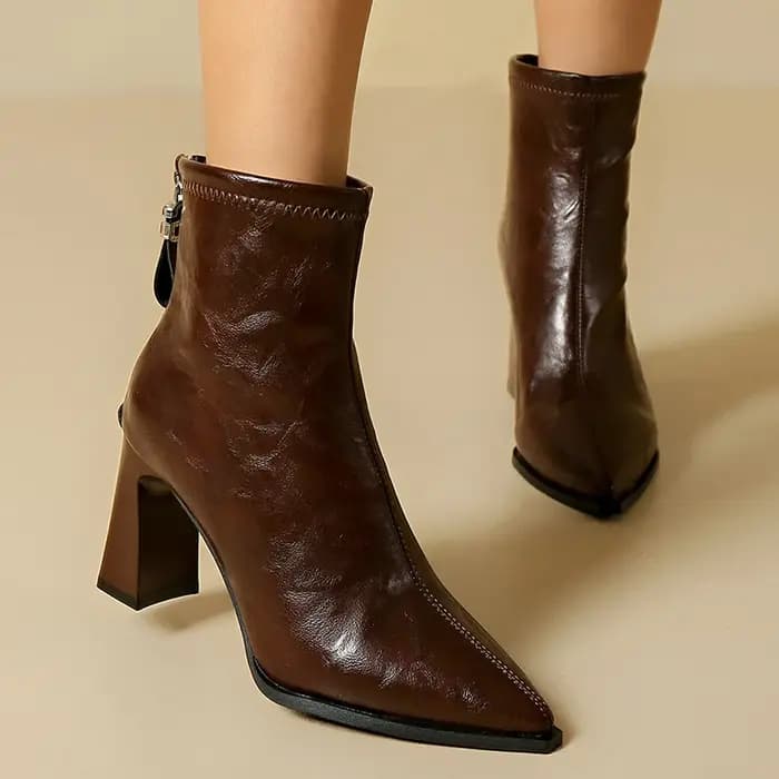 Bottines Chelsea noires en similicuir pour femme, collection automne 2025, à bout pointu, talon épais, fermeture éclair arrière