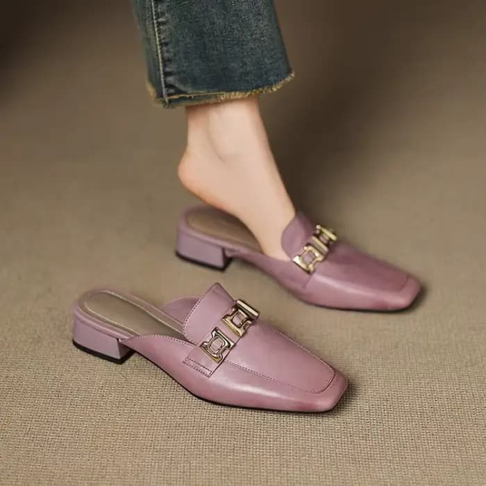 Mules pour femmes, mocassins à enfiler, bout carré, talon carré bas, aspect cuir, pantoufles sans ta