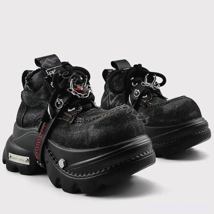 Evil Eye Punk Denim chaussures femmes décoration en métal bout rond plate-forme croix liée chaussure