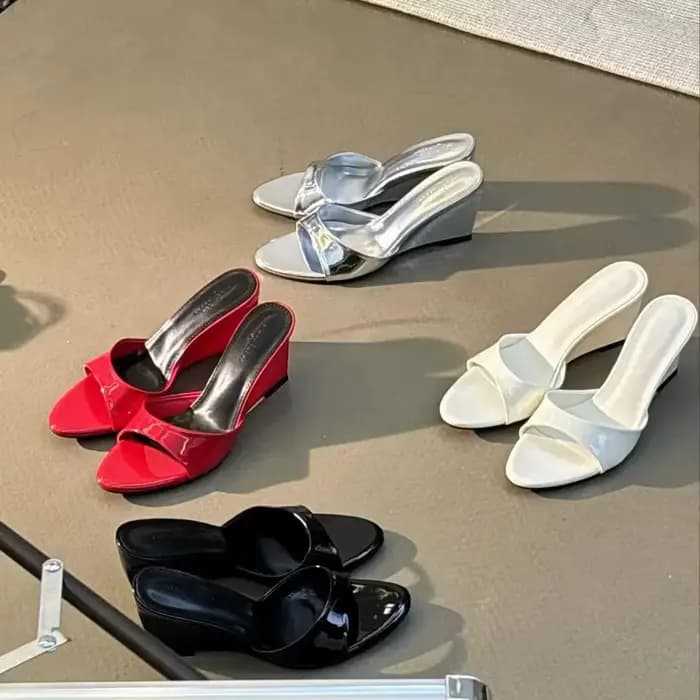 2026 Mules à talon compensé pour femme, confortables, à bout ouvert, à enfiler, en cuir verni, pour l'extérieur, le quotidien et les soirées