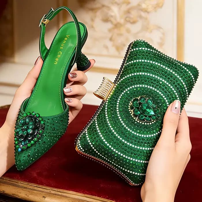 Chaussures à talons hauts confortables et sac assorti en strass bleu Venus Chan – Style mode à bout pointu pour femme ou chaussures de ville