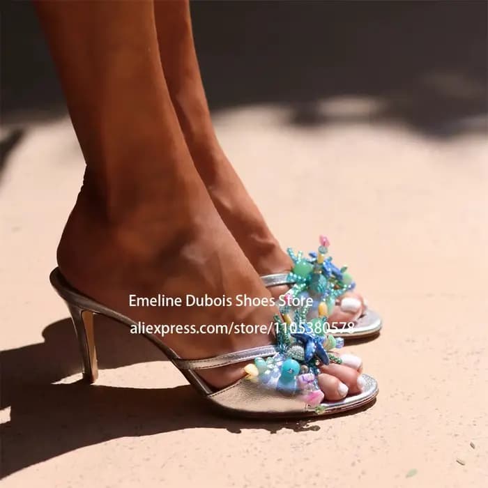 Sandales à talons hauts en forme d'étoile de mer et coquillage, mules à talons aiguilles perlées colorées, chaussures d'été pour femme pour la plage, les fêtes et les vacances