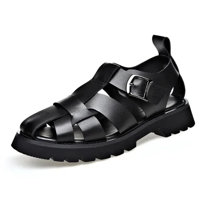 Sandales gladiateur été 2026, nouvelles sandales décontractées respirantes pour hommes, en cuir véritable, chaussures de plage ajourées, noires, tailles 38-48