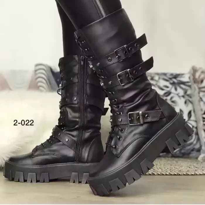 Bottes Mi-Mollet à Lacets et Fermeture Éclair pour Femme, Chaussures de dehors à Talon Plateforme, H