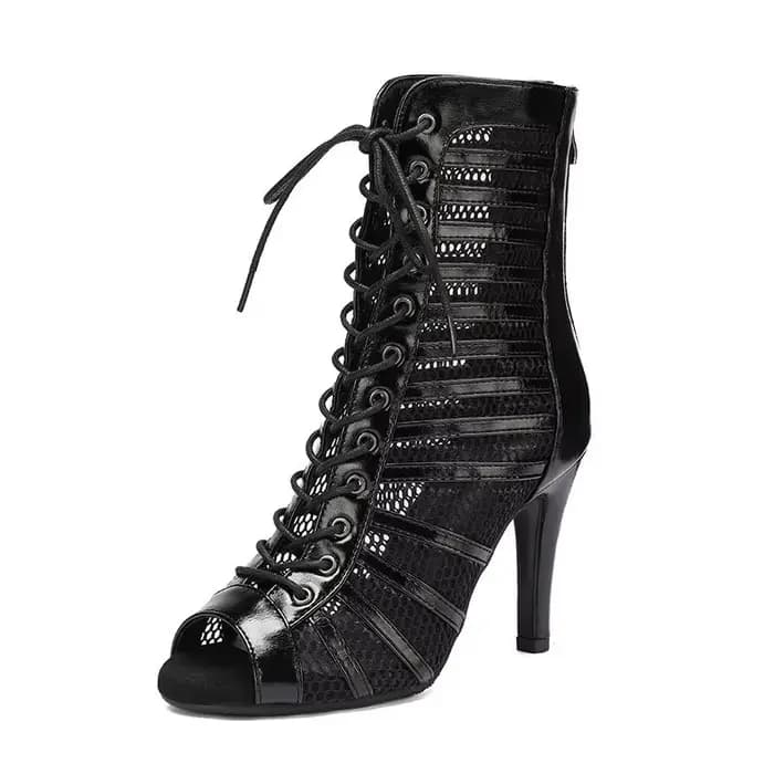 Cuir noir femmes talons hauts fins 9.5cm confort à lacets botte salle de bal semelle en daim talons aiguilles latins chaussons grande taille