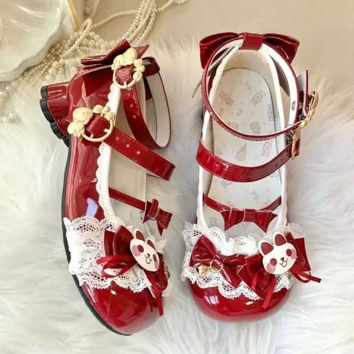 Jolies chaussures Lolita Mary Jane à talons avec nœuds lapin, dentelle et clochettes pour cosplay et goûters