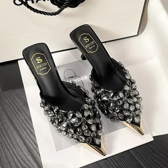 Strass de luxe bout pointu Mules pompes femmes pantoufles été nouvelle mode diapositives concepteur sandales à talons