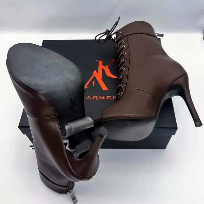 Bottines de jazz marron pour femme à talons fins, bout ouvert, à lacets, chaussures de danse à talons hauts, bottes de danse latine, chaussures de soirée sexy