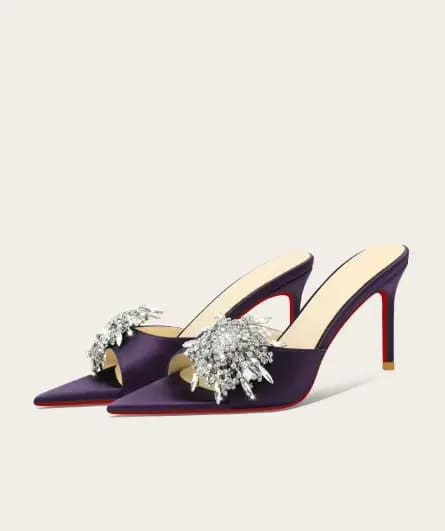 Nouvelles sandales de luxe léger bleu marine à bout pointu orné de fleurs en cristal, élégantes et ouvertes, pour femmes, mules d'extérieur