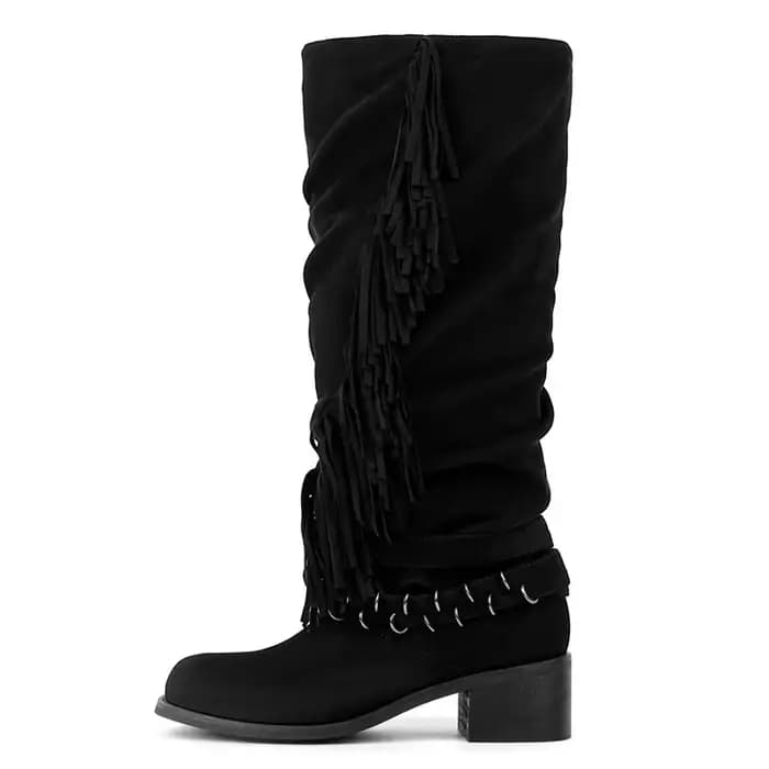 Onlymaker femmes bout rond frange plissée pli sur les bottes hautes talon bloc