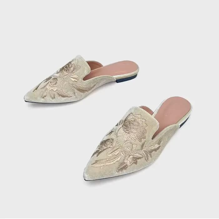 Velours broderie fleur Mules Femme chaussures élégantes pointu bout fermé pantoufles sans lacet chau