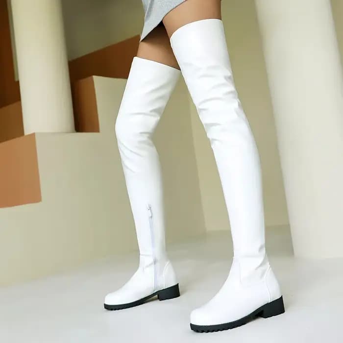 Cuissardes extensibles blanches pour femmes, talons épais, bout rond, doux, noir, Sexy, fête, Club,