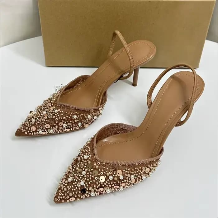 Chaussures de soirée élégantes à talons hauts pour femmes, paillettes scintillantes, perles, maille, Design de marque, sandales de luxe pour dames de bureau, été 2025