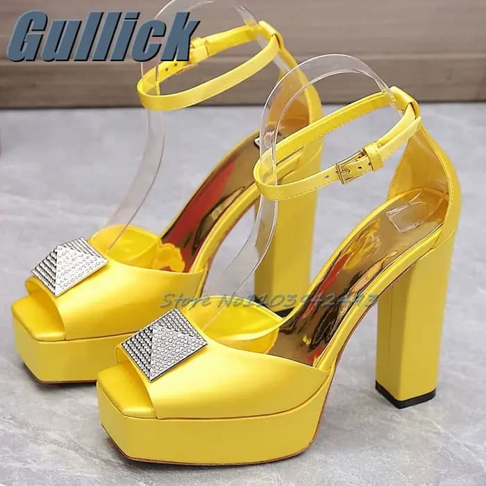 Rivets strass talons plate-forme luxe talon sandales solide bout carré Satin femmes été cheville chaussures talon épais Sandalias