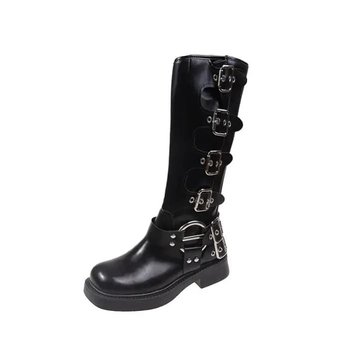 Femme bottes genou haute plate-forme élégante talon bas tendance Punk gothique New Rock cuir mode chaussures pour femmes