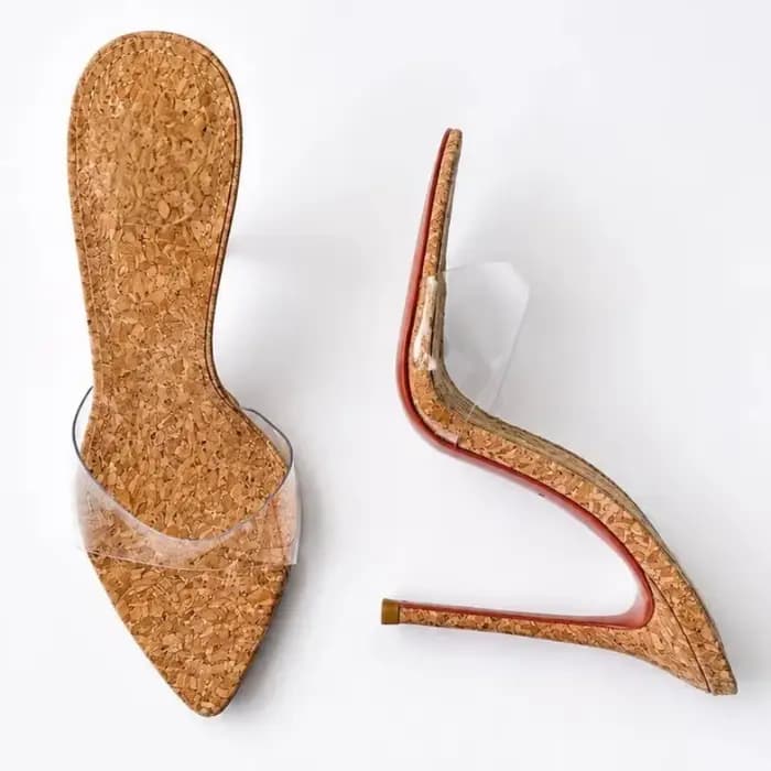 Mules à plateforme en liège et PVC transparent pour femme, à bout ouvert, talons aiguilles, semelle