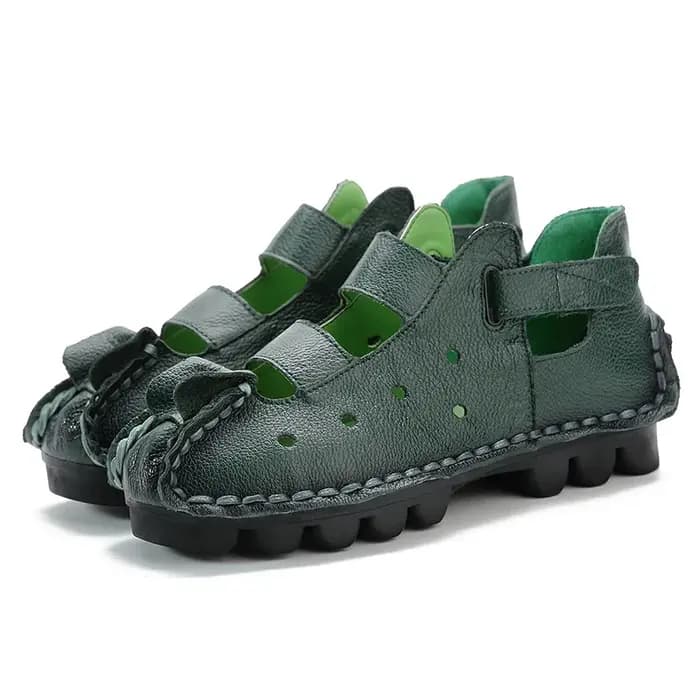 Sandales d'été en cuir pour femmes, chaussures à fond souple, personnalité plate, sandales rétro décontractées faites à la main