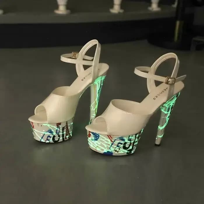 Talons aiguilles en cuir verni pour femmes, sandales à plateforme, escarpins super hauts, fluorsages