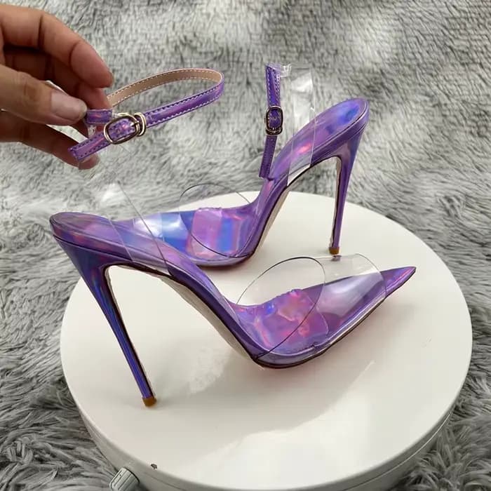 Sandales d'été sexy en PVC violet laser pour femmes, chaussures Parker pointues, chaussures à bride
