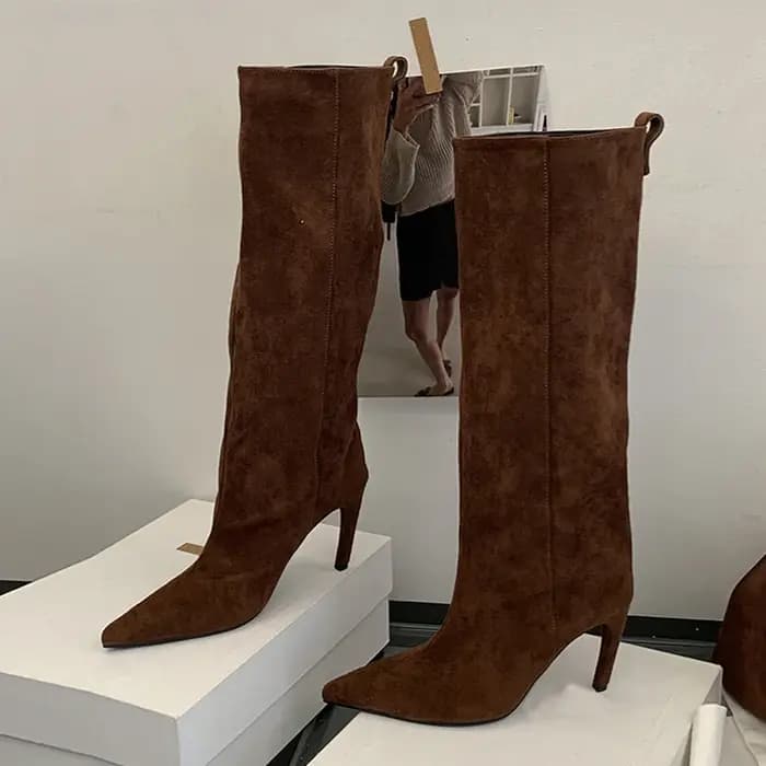 Liyke automne hiver mode mince genou bottes hautes femmes Sexy bout pointu bas talon