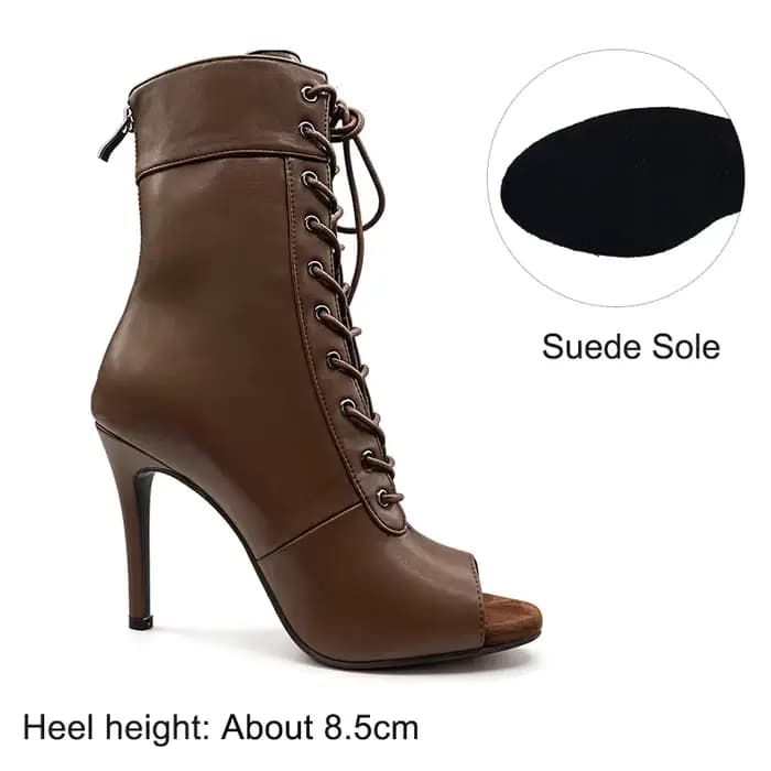 Bottines de jazz marron pour femme à talons fins, bout ouvert, à lacets, chaussures de danse à talon