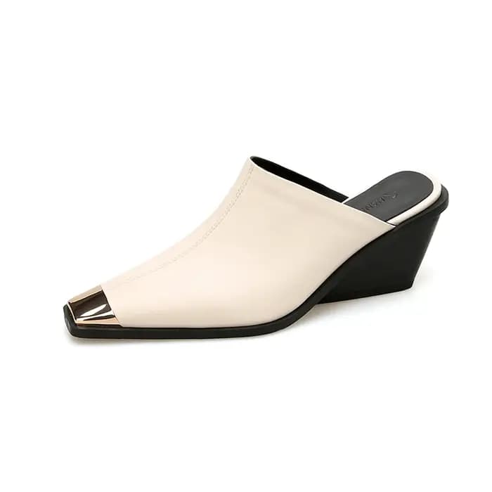 2025 nouvelles dames en cuir véritable tête en métal Mules mode Med talons épais été babouches femmes chaussures de bureau décontractées femme