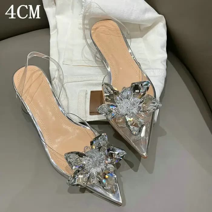 Sandales Baotou argentées pour femme, nouvelle collection été 2026, magnifiques talons hauts transparents à bout pointu, style verre à vin, avec fleurs en cristal, pour célébrités
