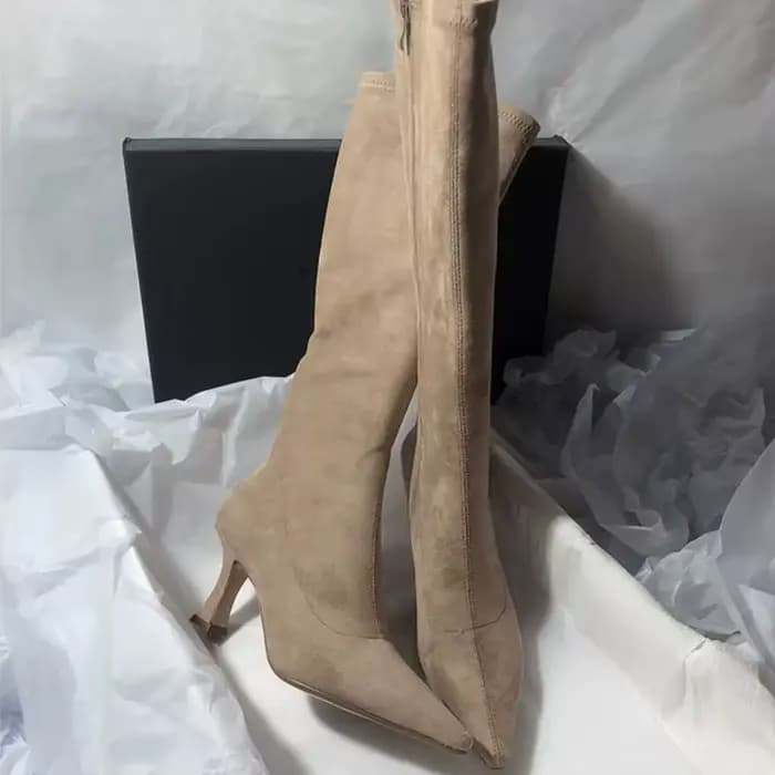 Bottes fines en daim à bout pointu avec fermeture éclair latérale, antidérapantes, résistantes à l'usure, chaussures longues à talons aiguilles, nouvelle collection automne