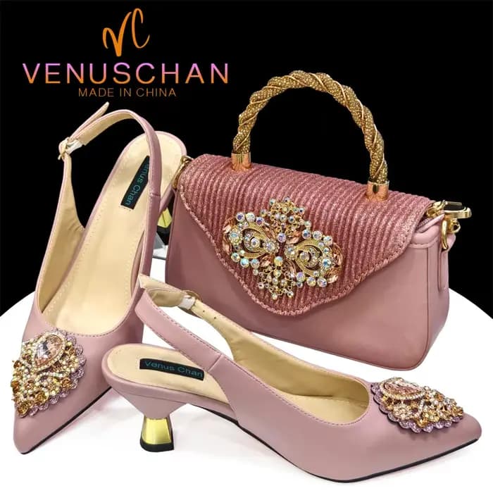 NigWin-Venus Chan Ensemble de chaussures et de sacs pointus pour femme, rose, talon haut, cristal co