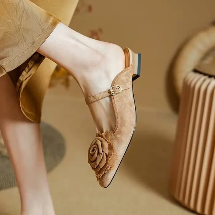 Mules d'été en daim de mouton pour femmes, chaussures en cuir, pantoufles carrées à talons bas, couverture Parker, slingback fleur, sandales vertes, nouveau