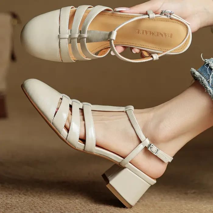 Danxuefei femmes en cuir de vache bande étroite tressé t-strap sandales 5 cm d'épaisseur med talon décontracté femme