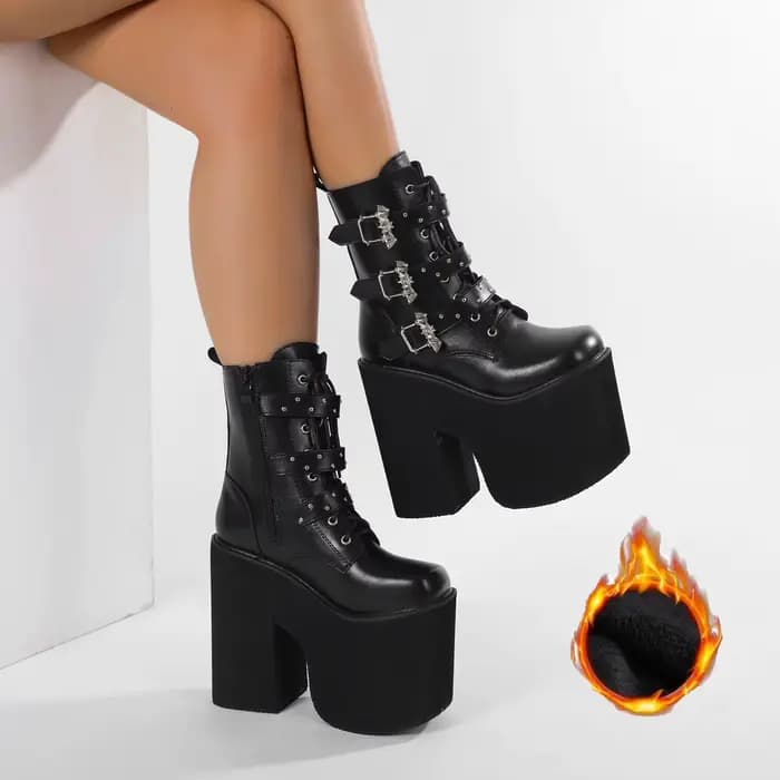Gdgydh à lacets talon épais mi-mollet chaussons pour femmes bloc talon haut plate-forme bottes de Co