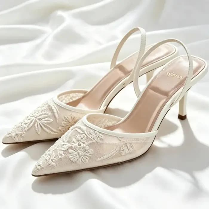 Sexy bout pointu maille broder talons hauts pour dames élégantes chaîne perle pompes été luxe concepteur chaussure marron sandales à talons