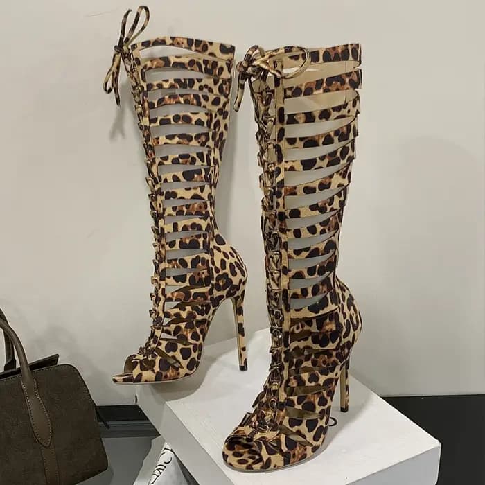 Aneikeh mode évider imprimé léopard concepteur Peep Toe femmes bottes sandales fermeture éclair mince talons hauts Style