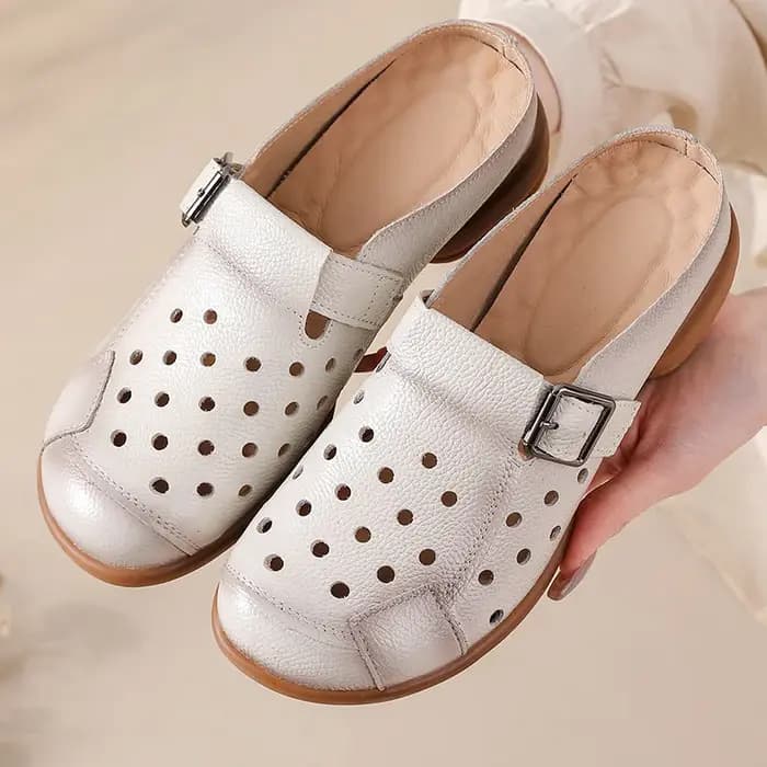 Nouvelles sandales à talons bas en cuir de vache femmes évider mules chaussures femme boucle sangle pantoufle