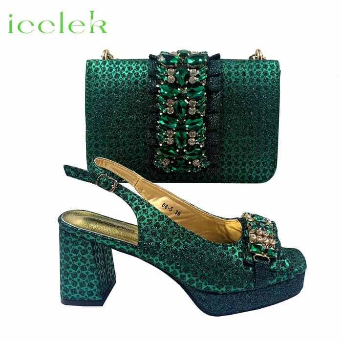 Ensemble de chaussures et de sacs à bout pointu pour femmes, brillant, mode italienne, talon, décora