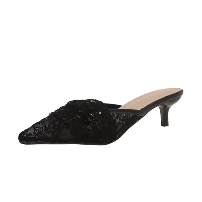 Mules à talons chaton en dentelle brodée blanche pour femmes, chaussures de mariée à bout pointu, él