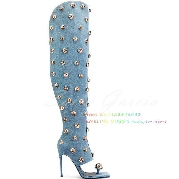 Rivets en métal doré embellissement botte à talons hauts femmes Denim bout carré talon aiguille dos fermeture éclair tongs cuissardes