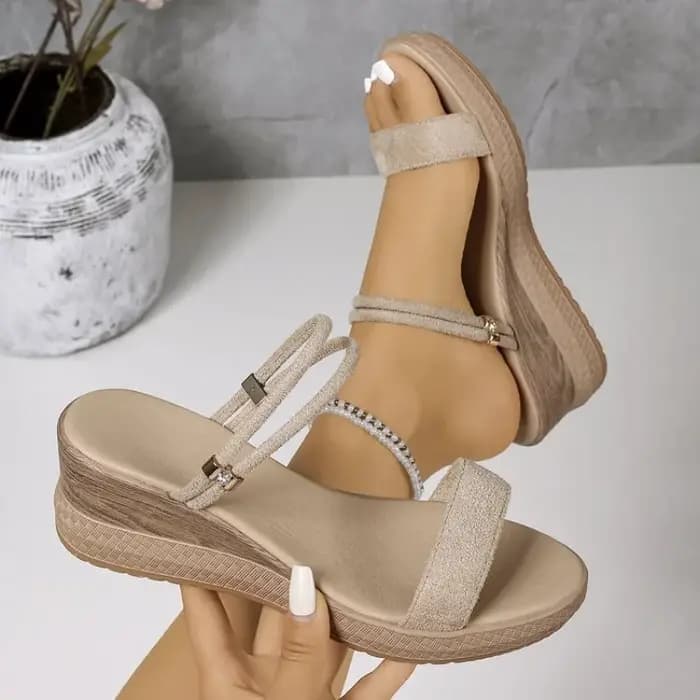Sandales compensées en daim à double bride pour femme, confortables, avec soutien de la voûte plantaire, pour la marche et les vacances
