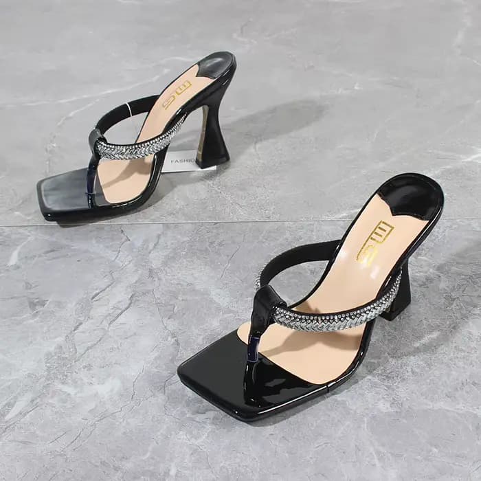 Tongs à bout carré en cristal pour femmes, talons aiguilles, vert, mode de rue, extérieur, chaussure